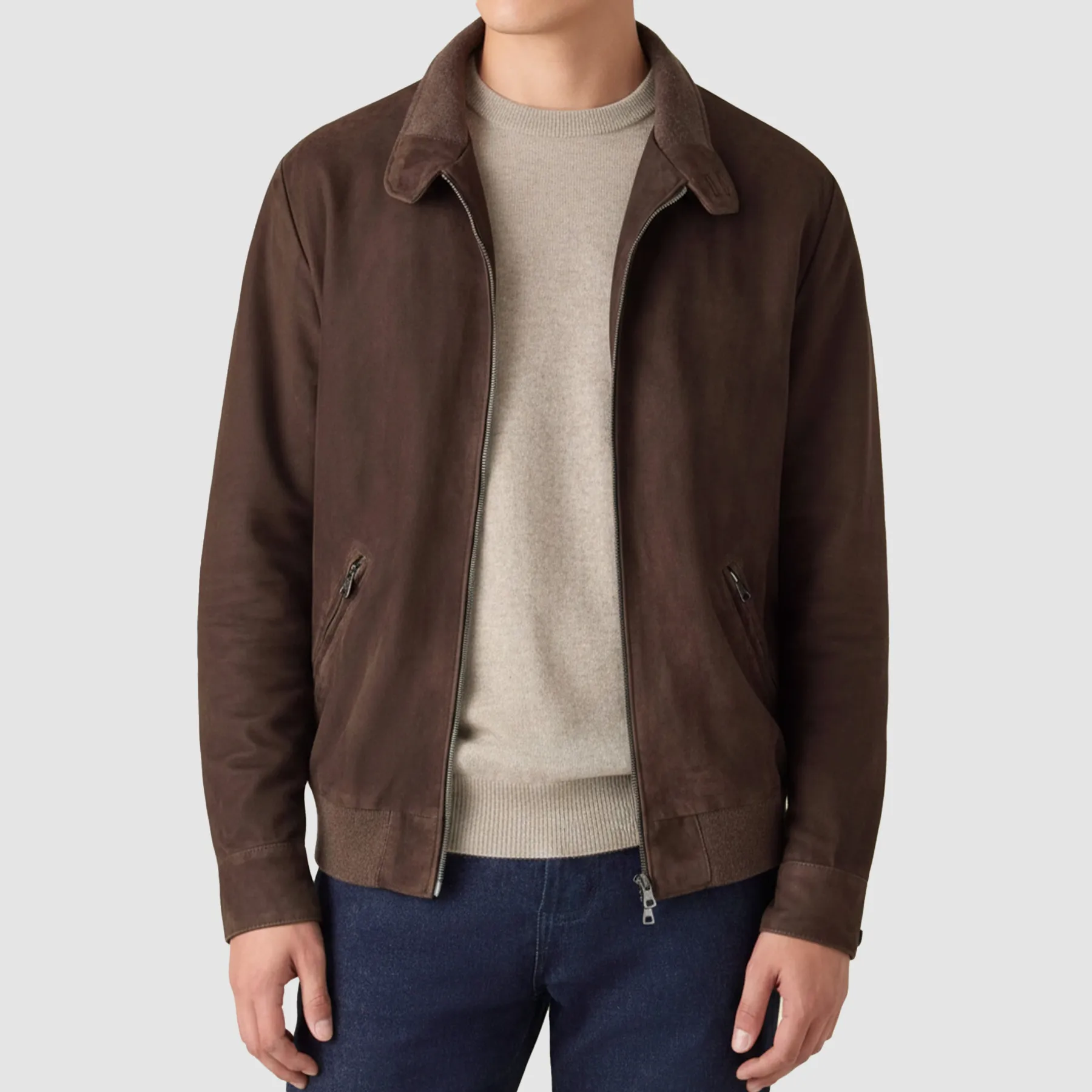 Classic goatskin suede leather jacket shown from the front with ribbed cuffs and zip closure.