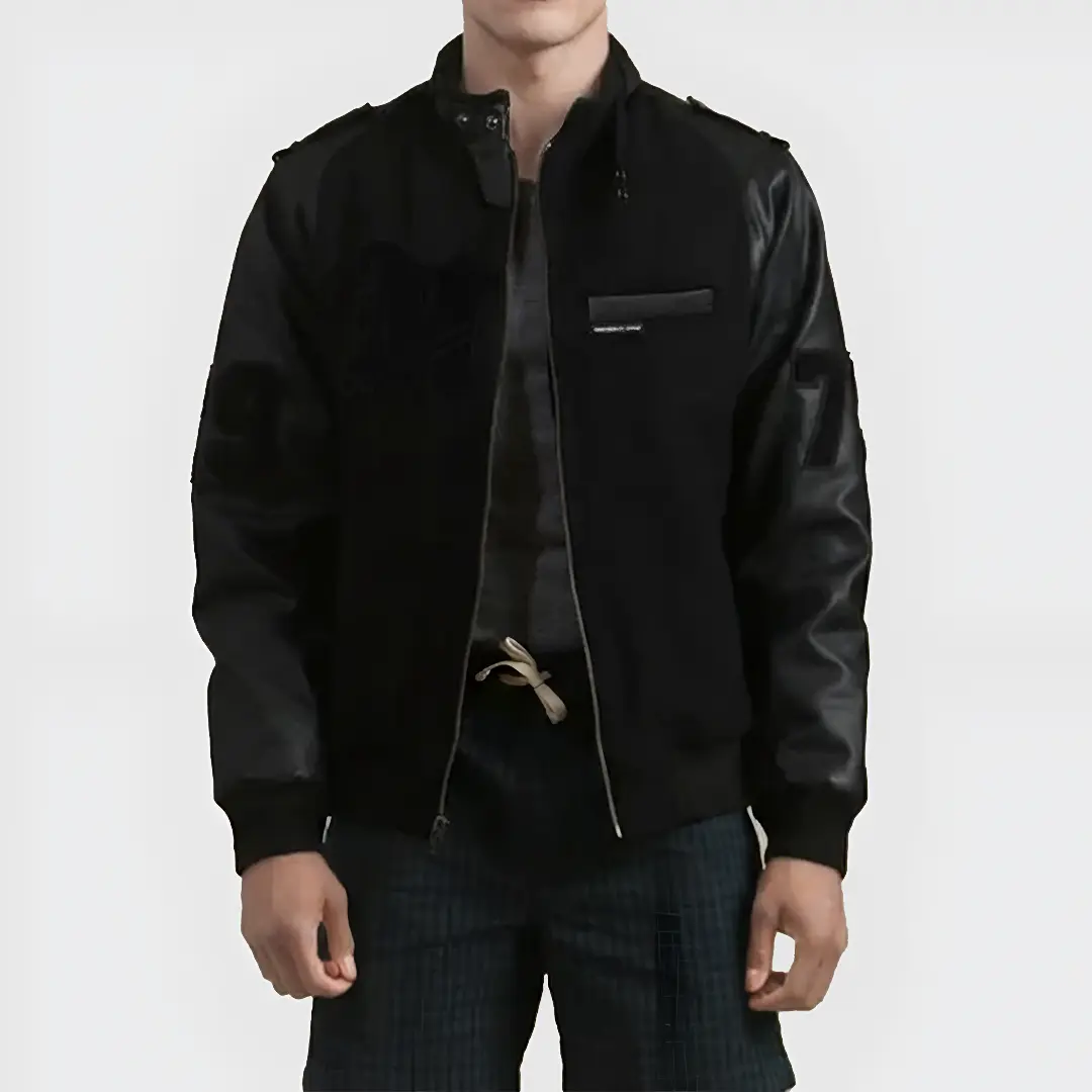 Close-up of varsity jacket mens leather sleeves and snap button front