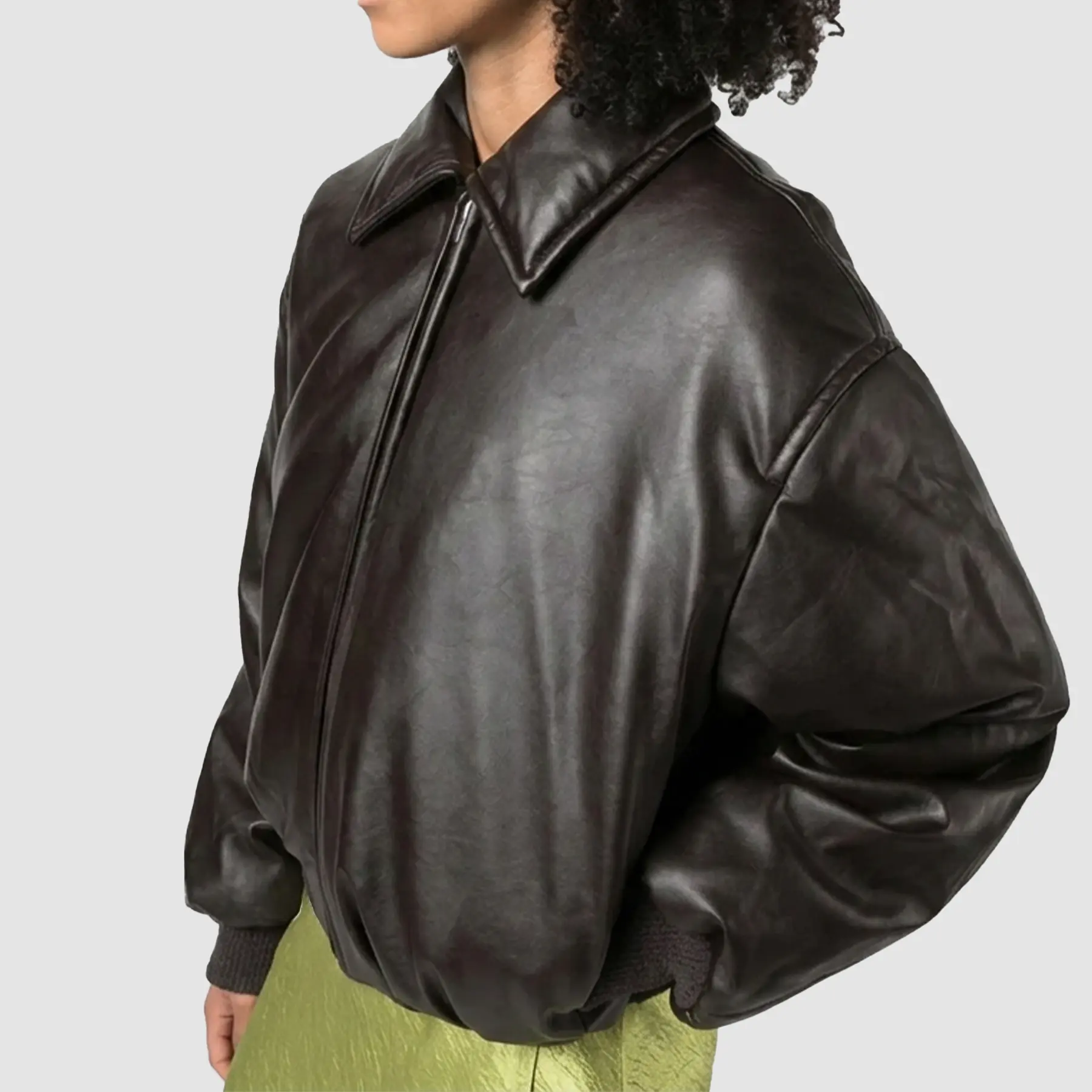 Side profile of Molly Mae bomber jacket highlighting rib-knit waistband and long sleeves