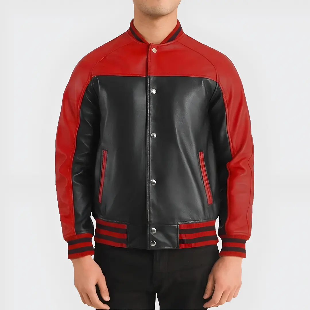 Front view of red and black varsity leather jacket with snap button closure and rib-knit cuffs
