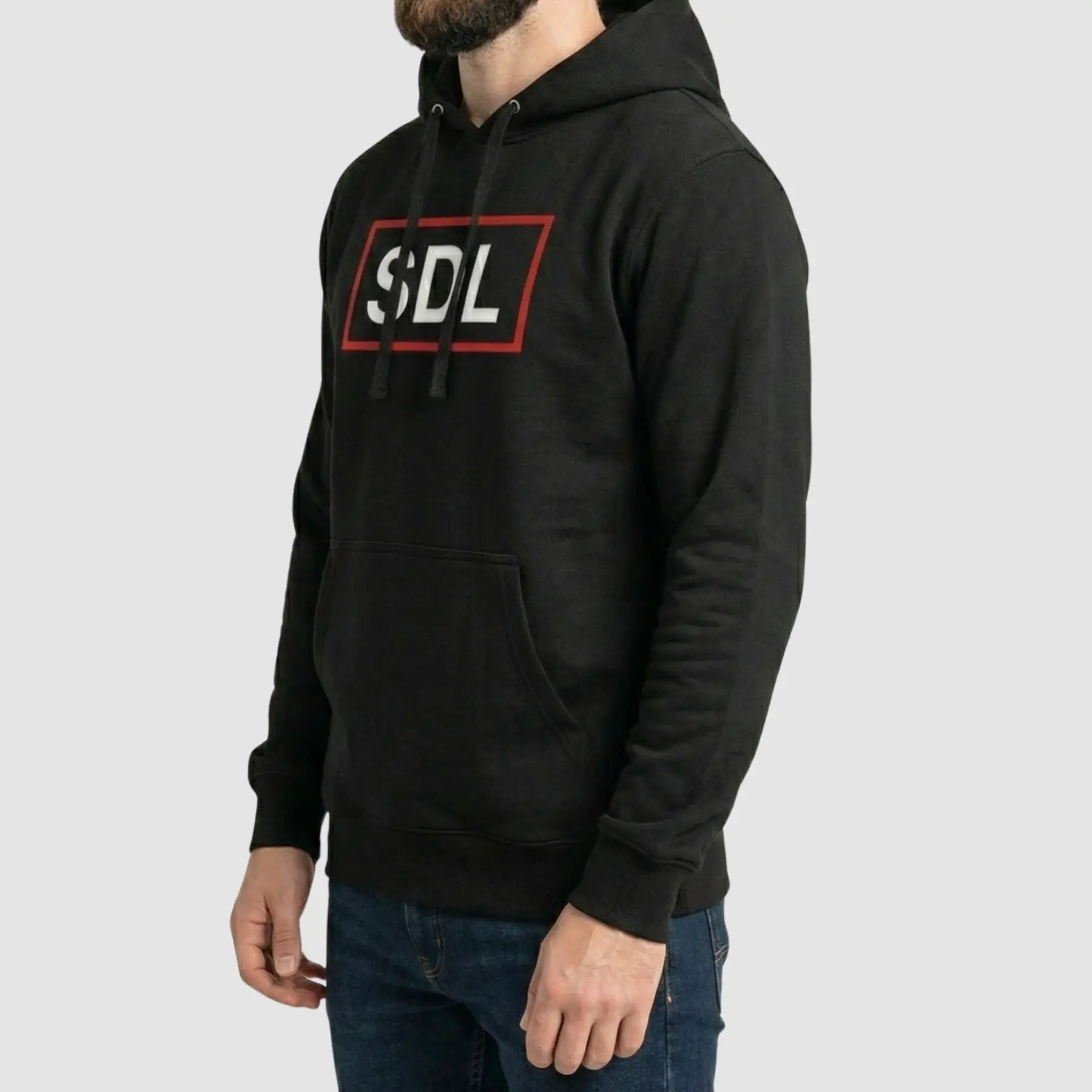 Back view of SDL Hoodie Pullover Style black casual streetwear hoodie with relaxed fit