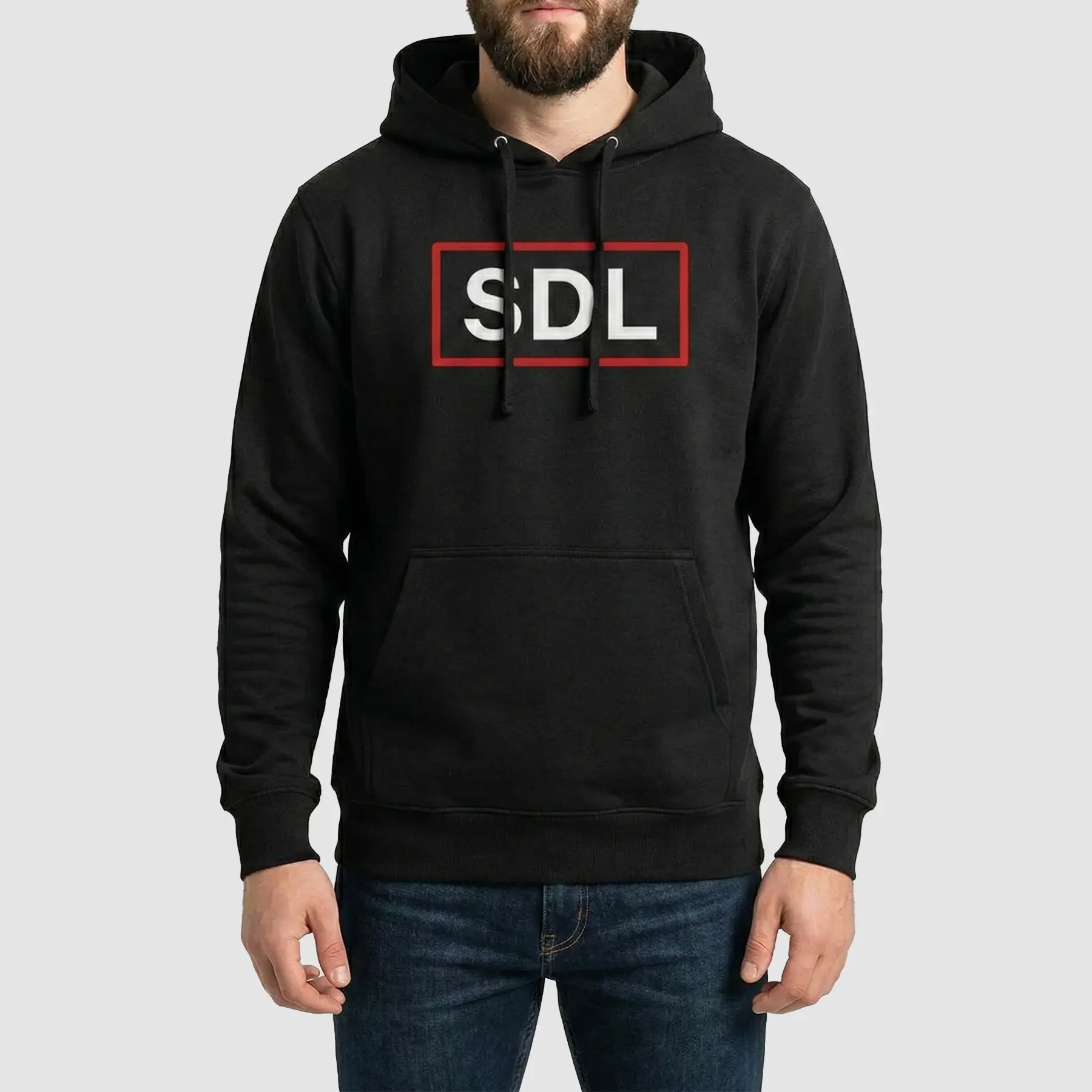 SDL hoodie black pullover with adjustable hood showing comfortable everyday streetwear design
