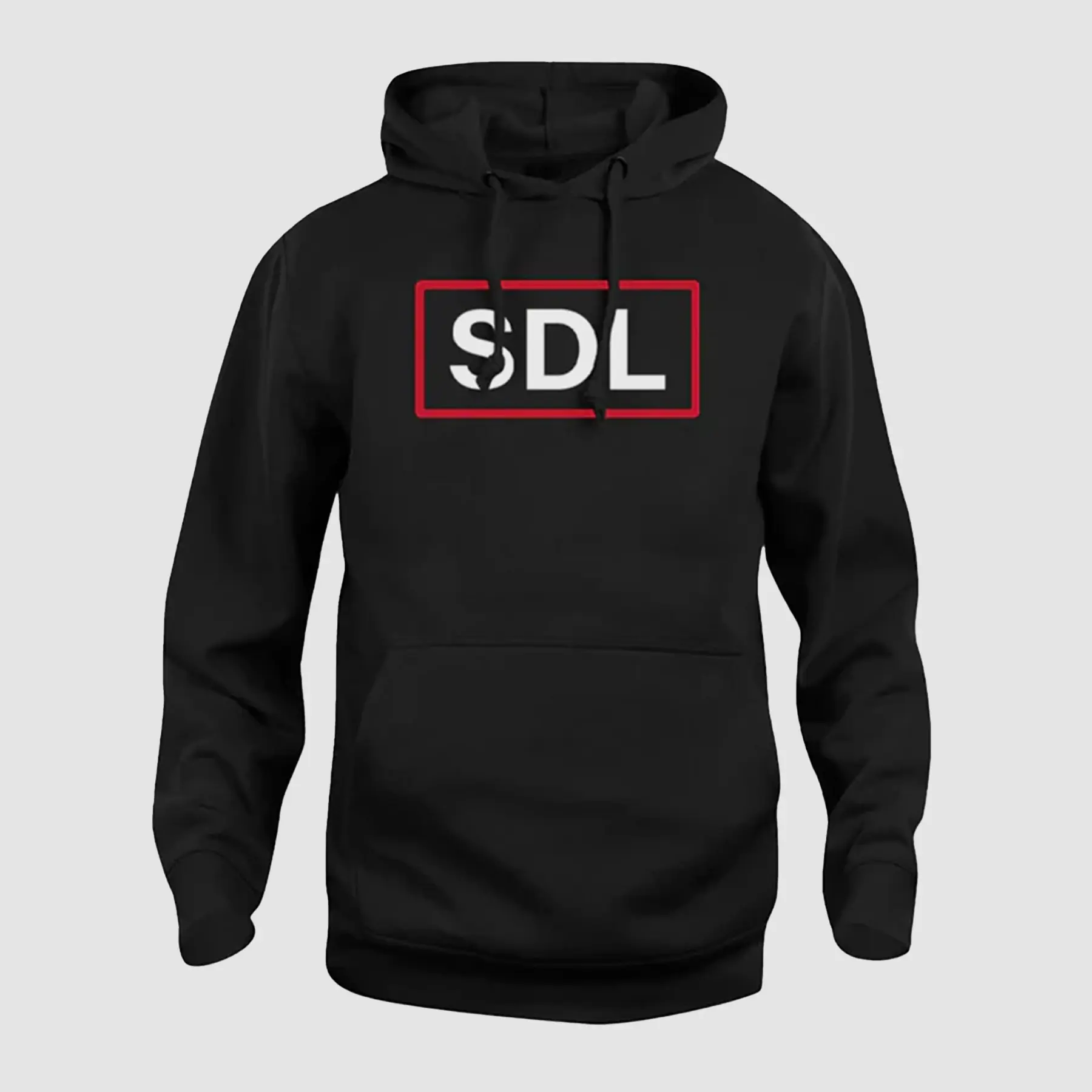 Front view of SDL Hoodie Pullover Style black fleece hoodie with hood and kangaroo pocket