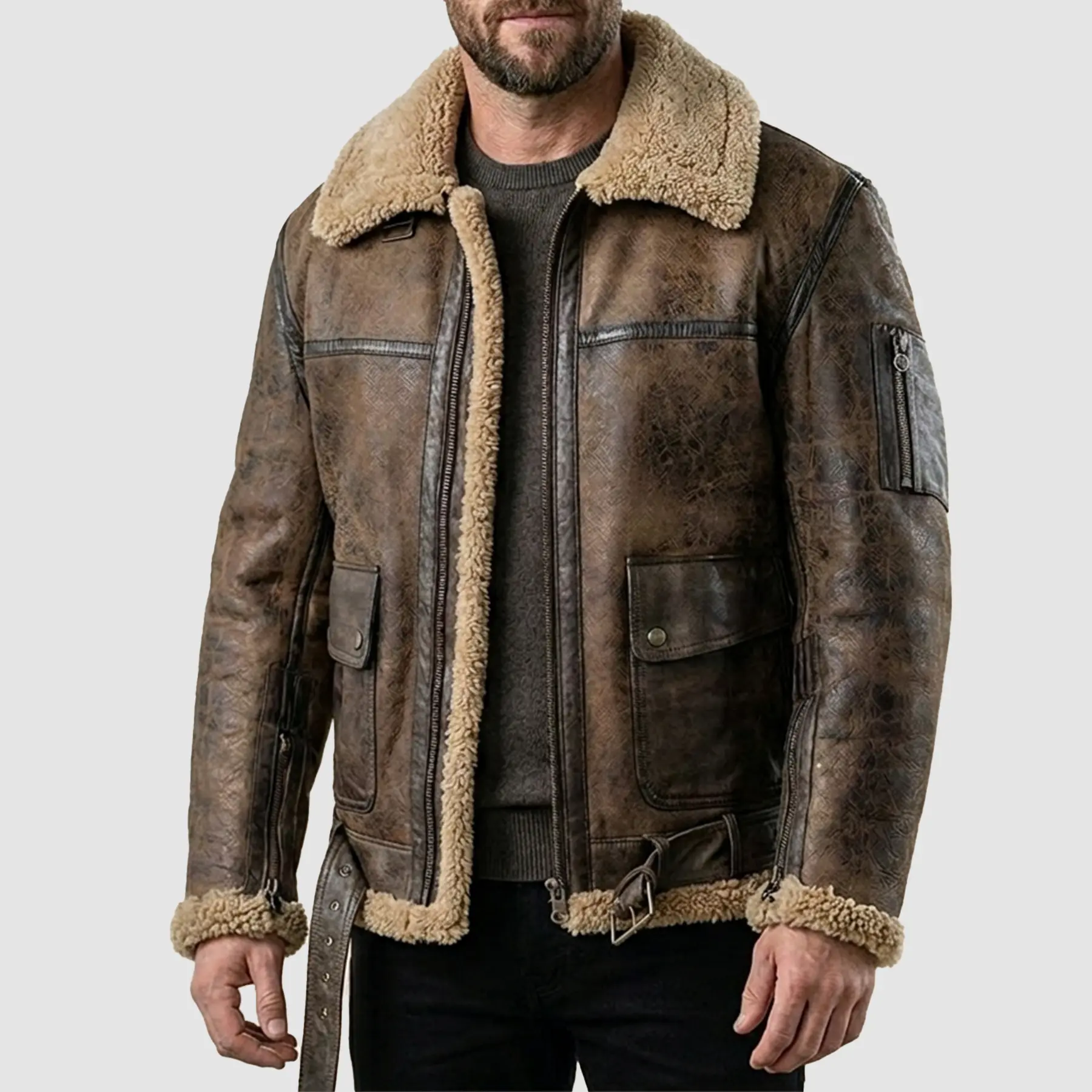 Front view of Terminator 2 Arnold Schwarzenegger brown leather jacket