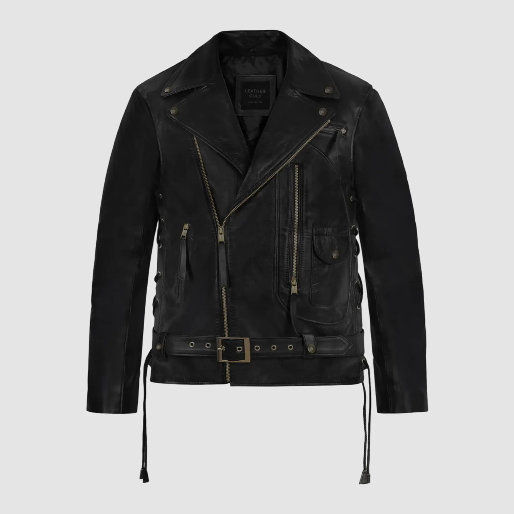 Front view of Terminator 2 black leather jacket with belted waist and classic biker design for men