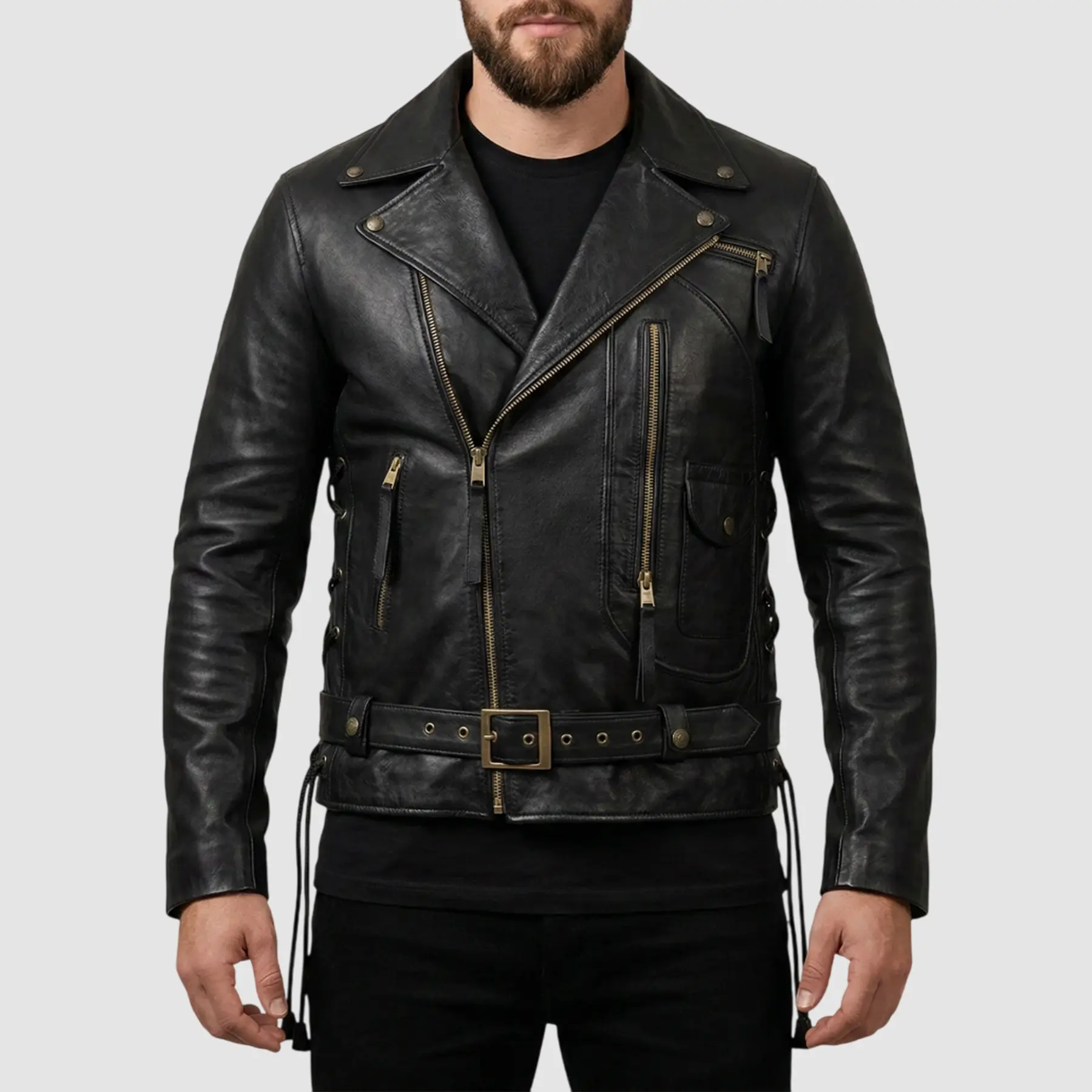 Man wearing Terminator 2 black leather jacket with jeans and boots in a casual street style outfit