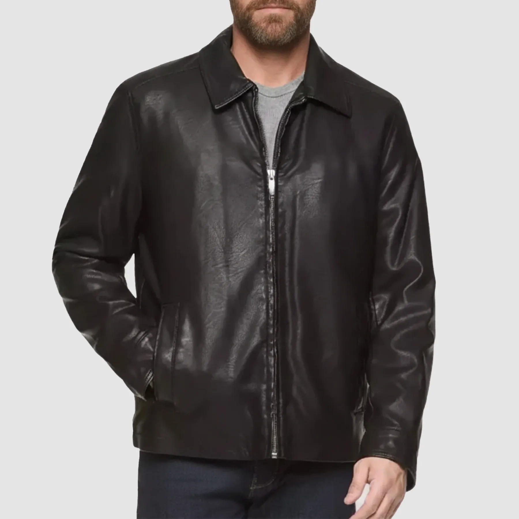 Close-up of Tony Soprano jacket collar and front zipper showing craftsmanship and style