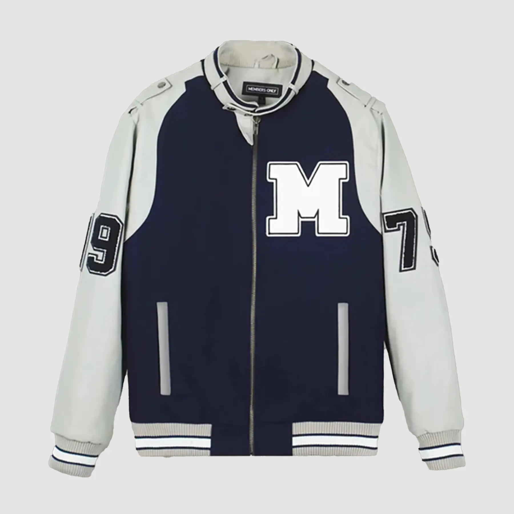 Front view of women's oversized varsity jacket in black with leather sleeves