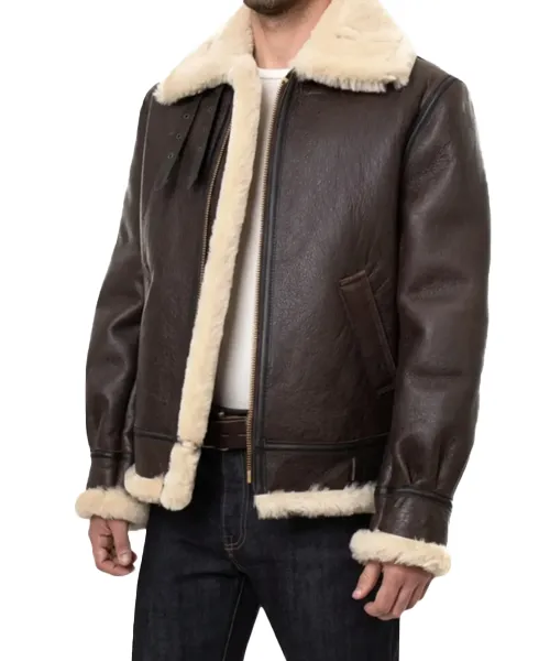 Close-up-of-Mens-B3-Bomber-Jacket-showing-soft-brown-leather-and-shearling-interior.-Perfect-for-outdoor-winter-wear-with-classic-aviator-jacket-design