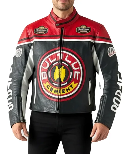 Vintage-Bultaco-Cemoto-jacket-Front-view-showing-yellow-and-red-racing-stripes-on-black-leather