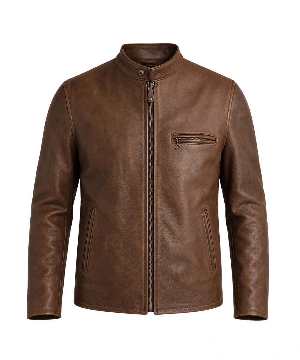 Heritage Brown Cafe Racer Leather Jacket crafted from premium genuine cowhide leather