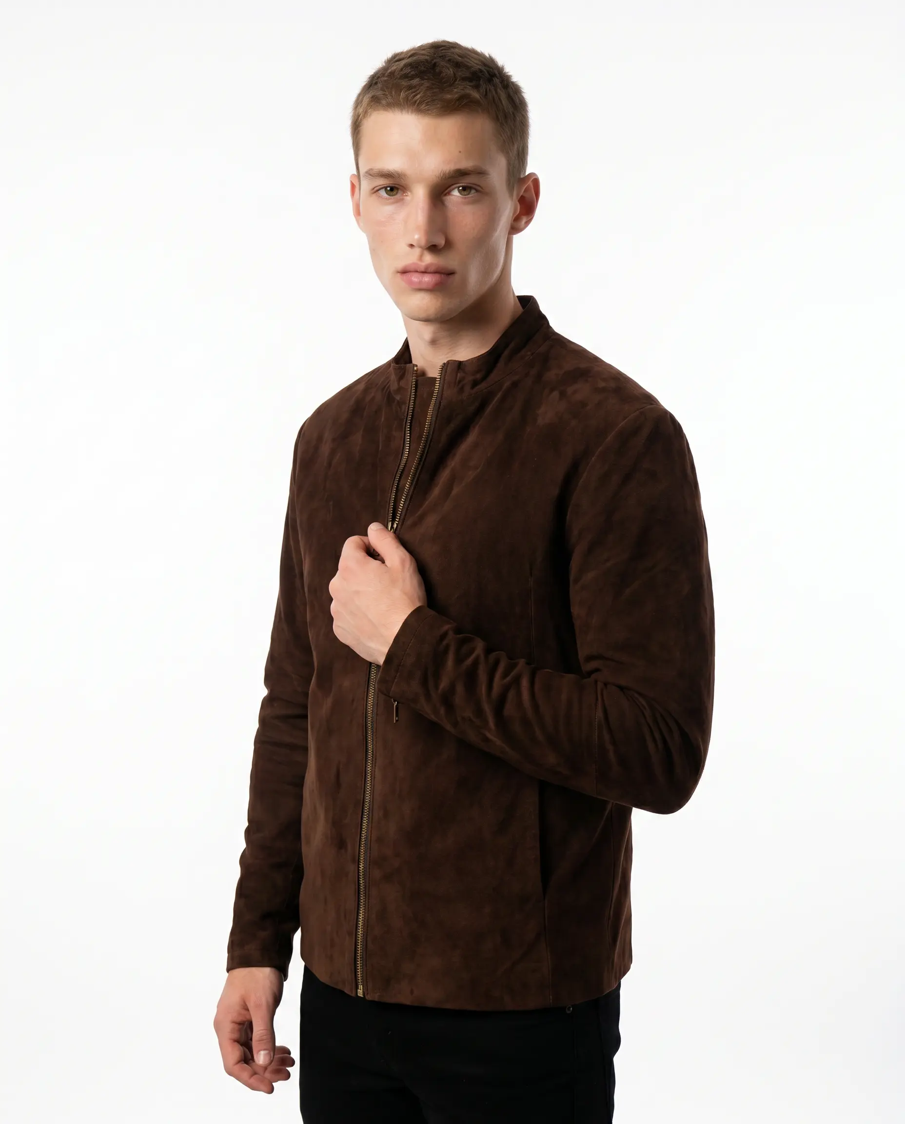 Front view of men’s Charcoal Mocha Suede Biker Jacket in dark brown goatskin suede