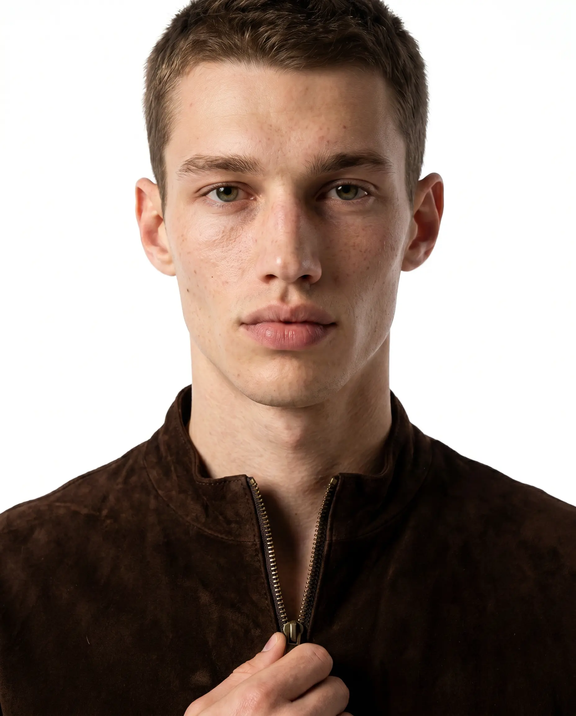 Close-up of Charcoal Mocha Suede Biker Jacket with Mandarin collar, dual zipper, and soft suede finish