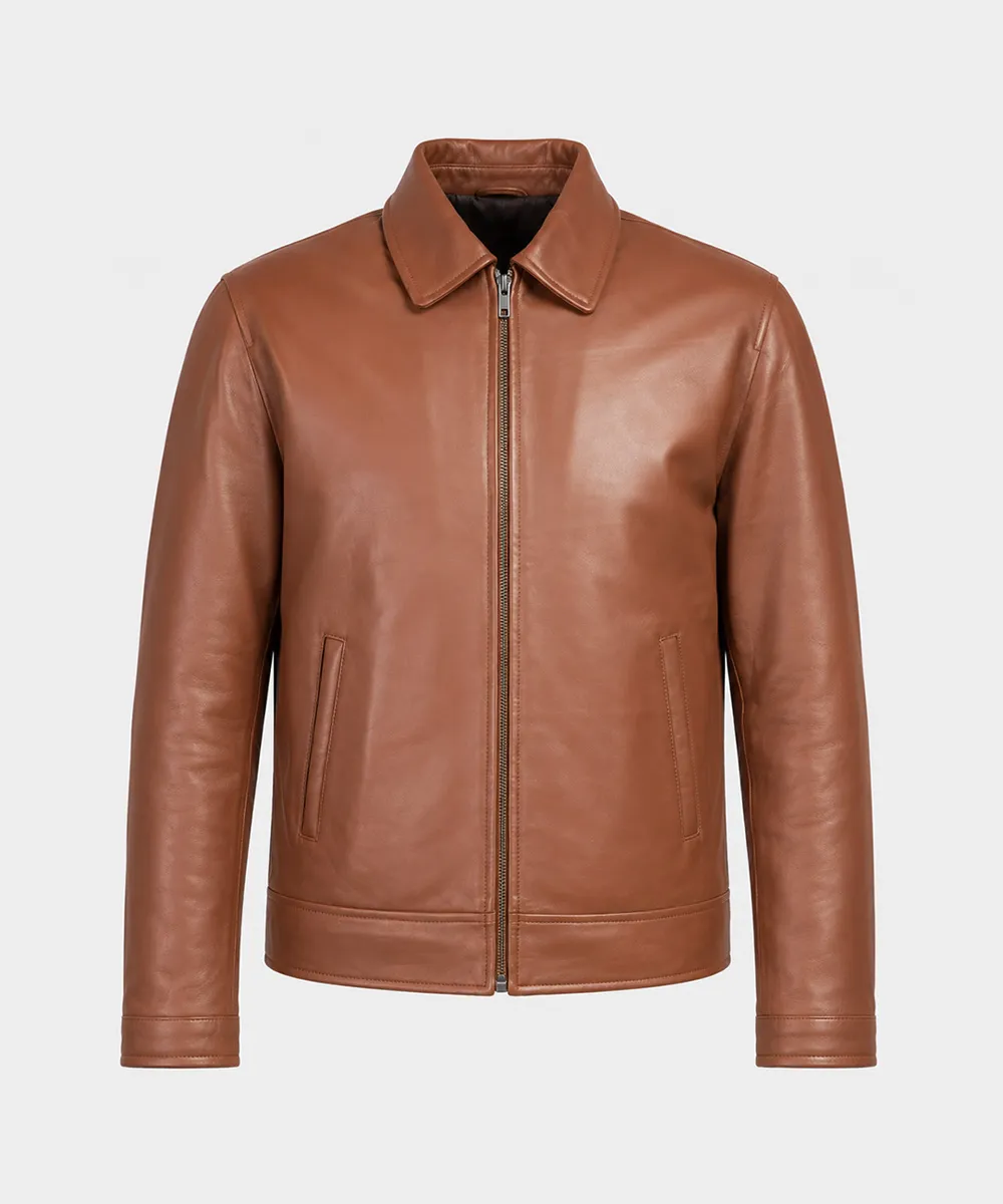 Close-up of the shirt collar, smooth zipper, and genuine lambskin leather on a men's Harrington leather jacket.