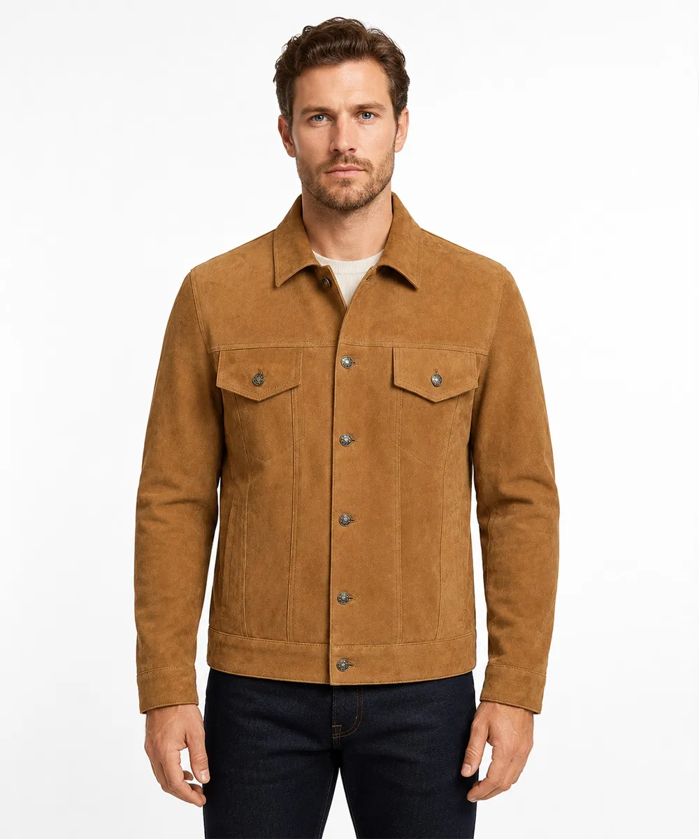 Men's brown suede leather jacket shirt collar and button closure