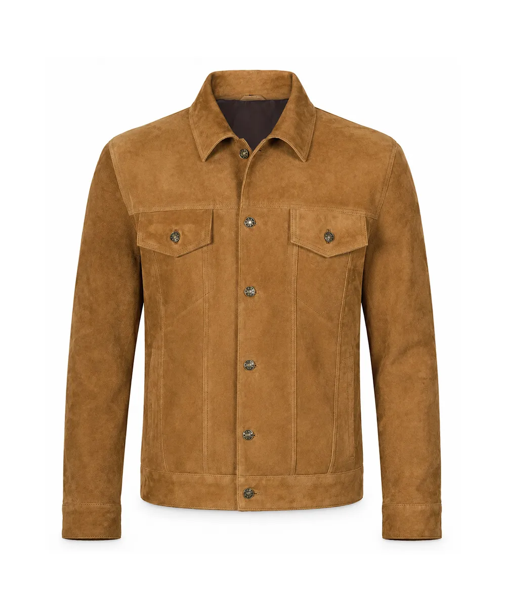 Men's brown suede trucker leather jacket front
