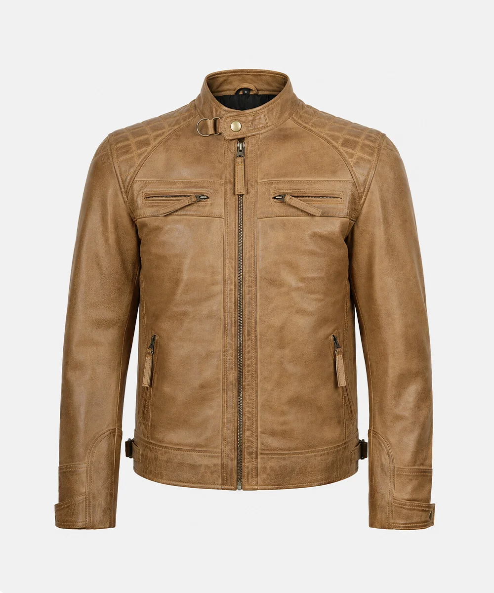 Men's Camel Leather Jacket front view featuring premium camel brown leather, cafe racer style, and modern fit.
