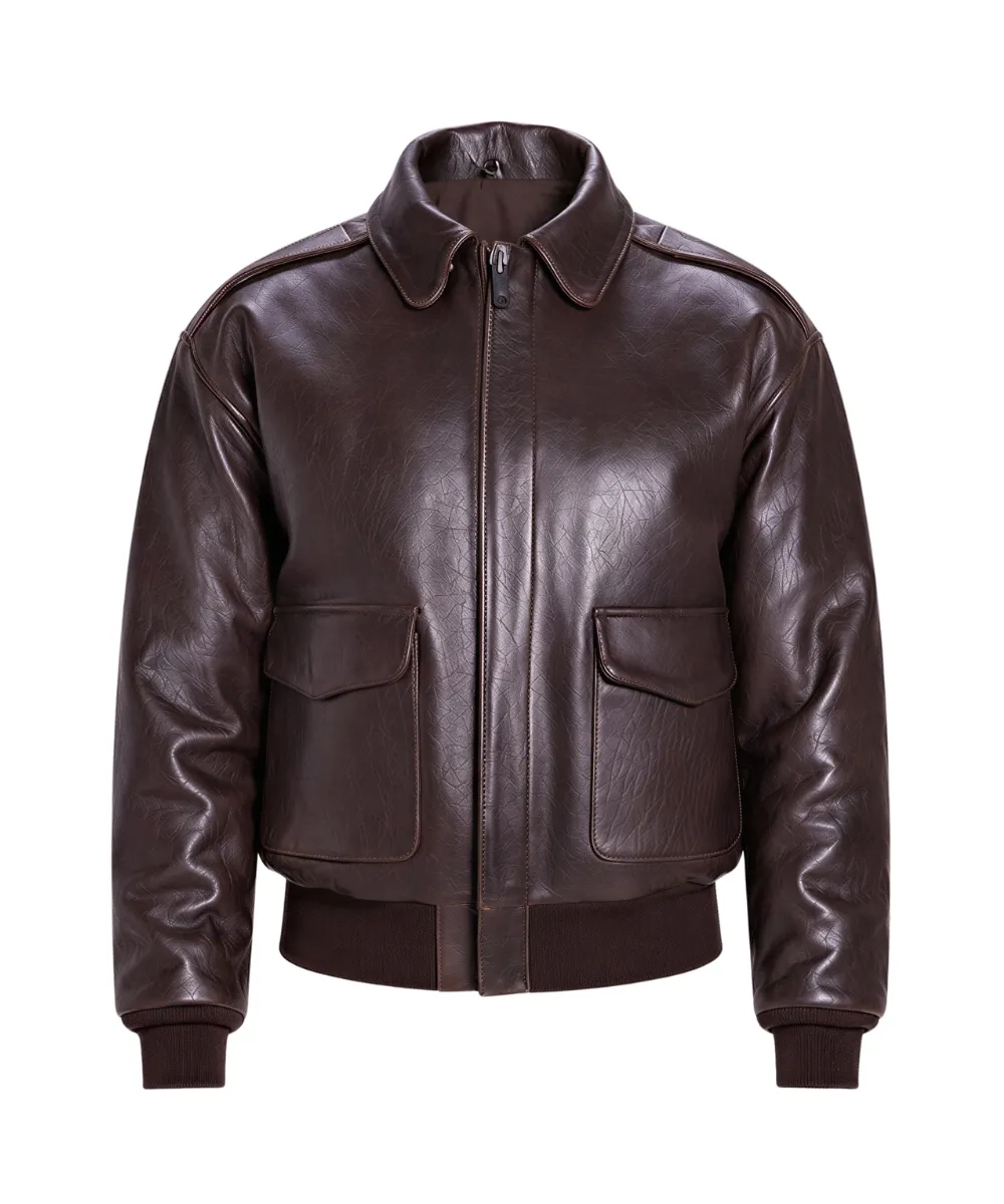 Front view of a men's A-2 leather flight jacket featuring genuine cowhide leather, flap pockets, and a vintage brown bomber design.