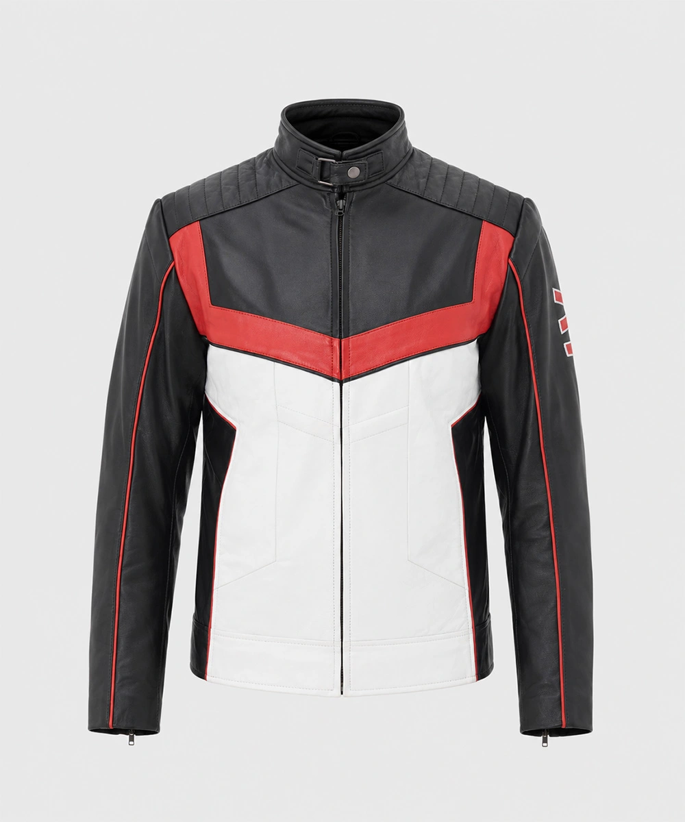 Men's Mr Terrific Jacket front view featuring premium black leather, red and white panel details, and modern superhero inspired design.