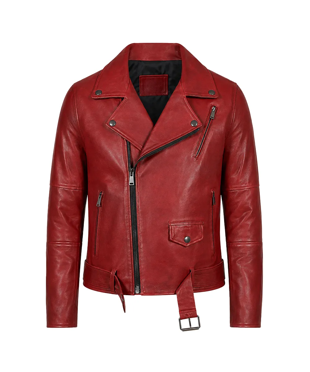 Men’s red leather biker jacket front view in genuine lamb leather