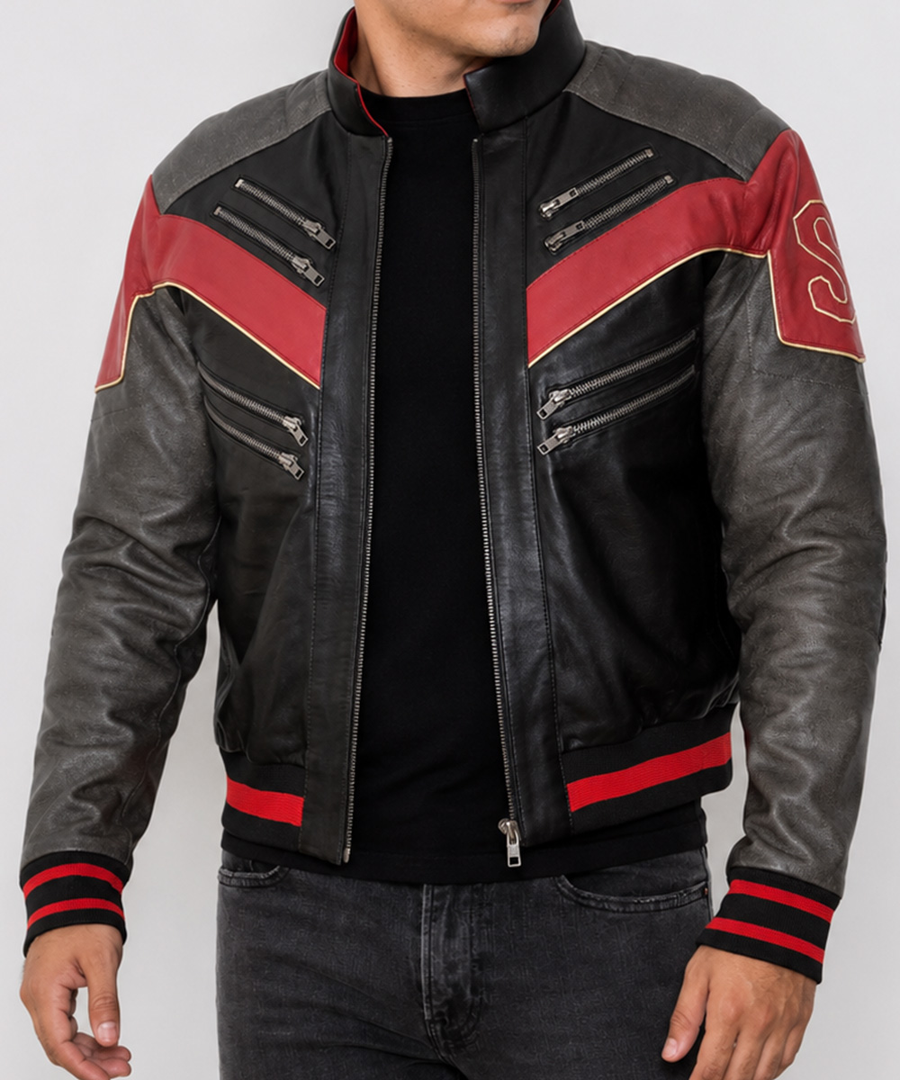 side profile of a Miles Morales inspired leather jacket with premium craftsmanship, zippered pockets, and a modern motorcycle style.