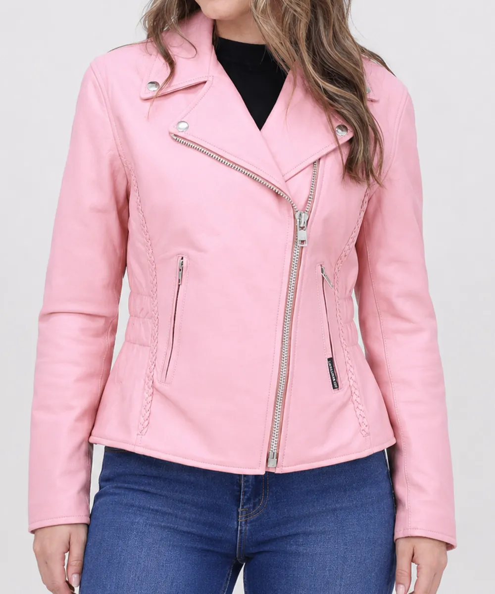 Women's pink leather jacket showing the interior pocket and removable zip-out liner for convenient storage and everyday riding comfort.