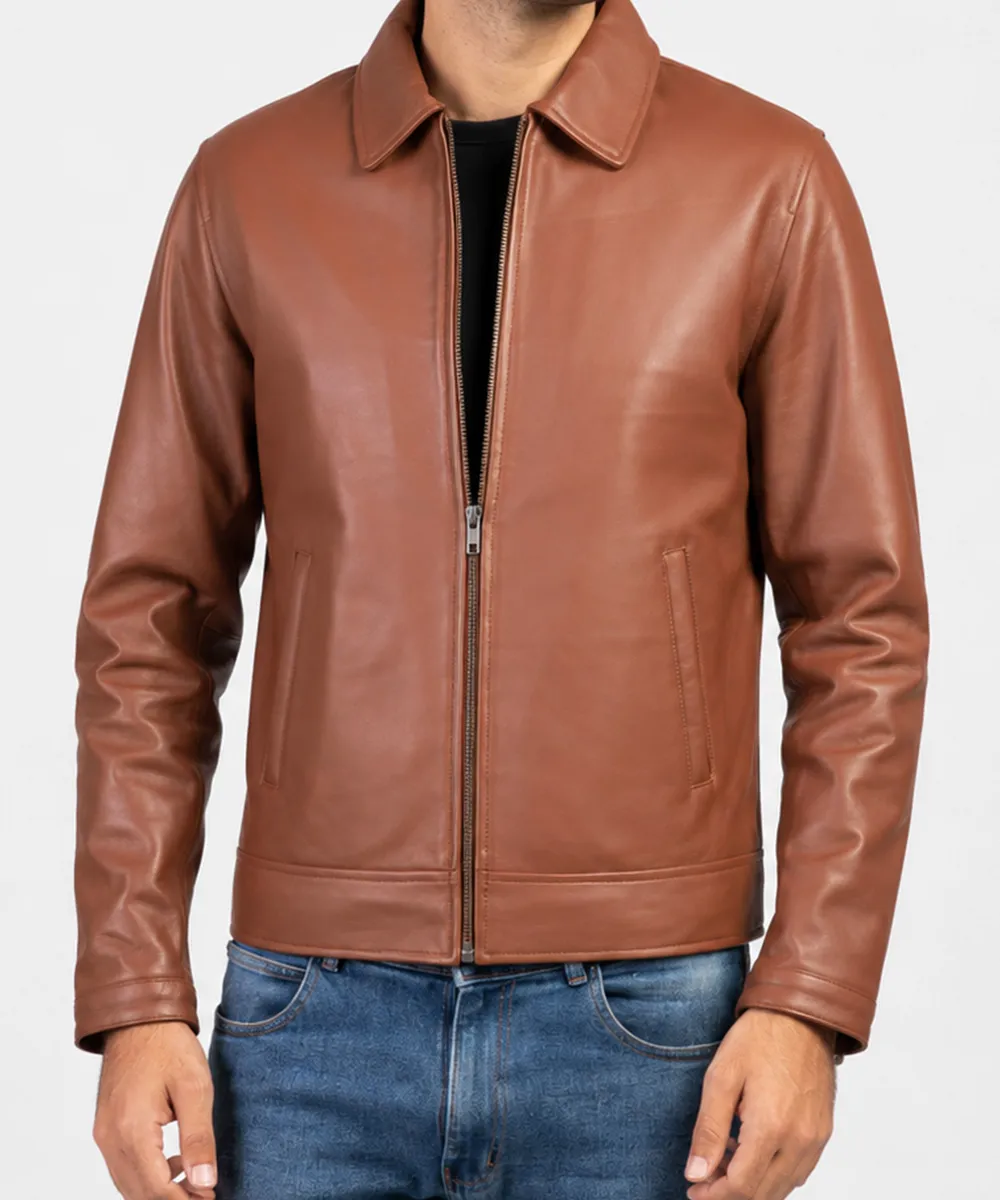 Side view of a collared leather Harrington jacket for men with a regular fit and timeless everyday style.