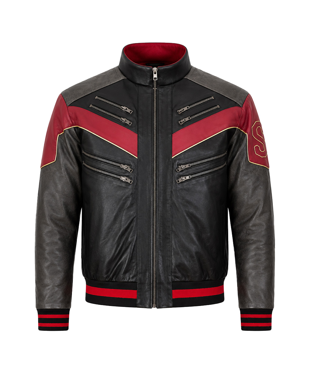 Front view of a Spider Man leather jacket inspired by the Miles Morales look with a black and red biker design, stand collar, and front zipper closure.