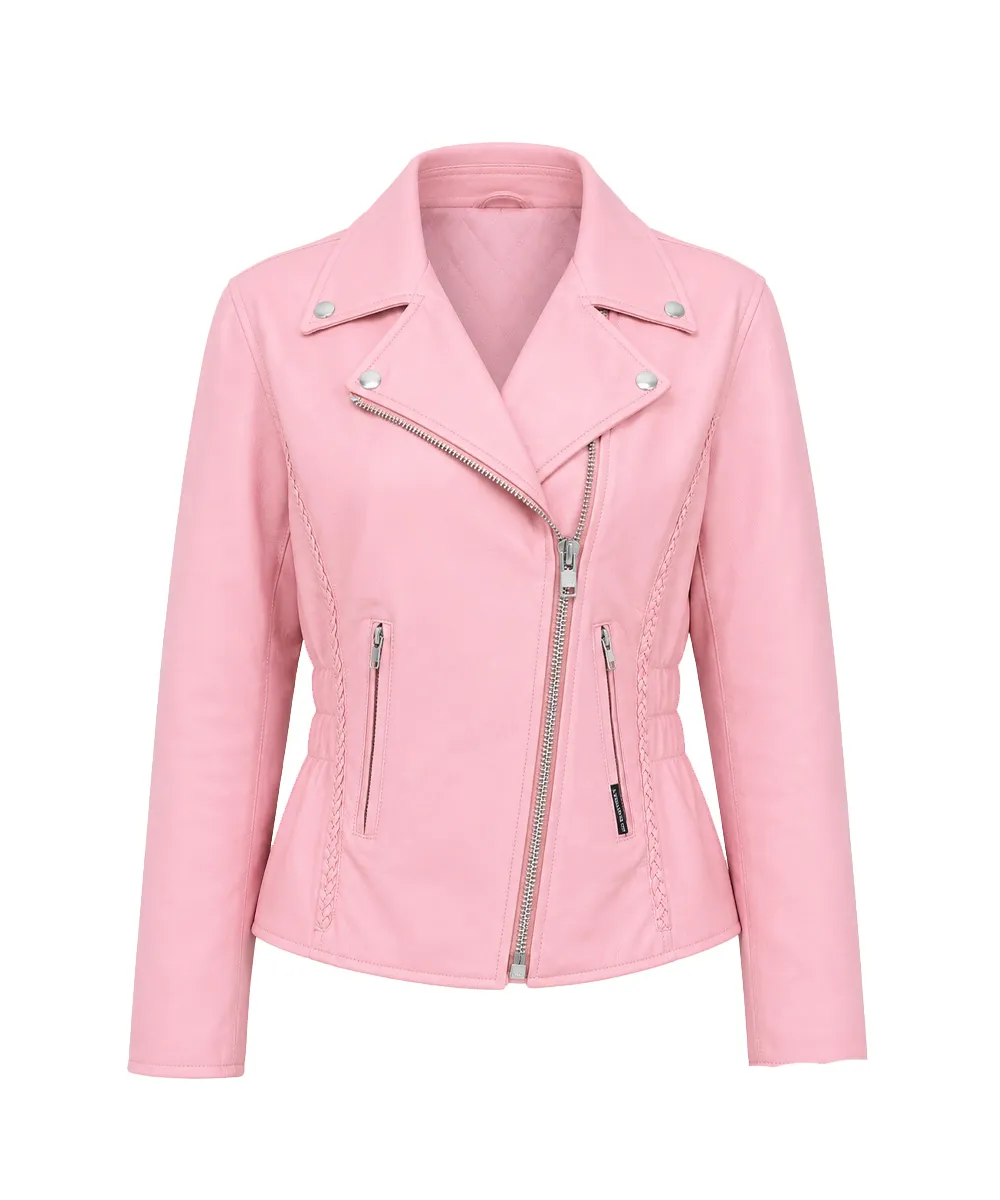 Women's pink leather motorcycle jacket in soft premium buffalo leather featuring a classic biker design with an asymmetrical front zipper and snap collar.