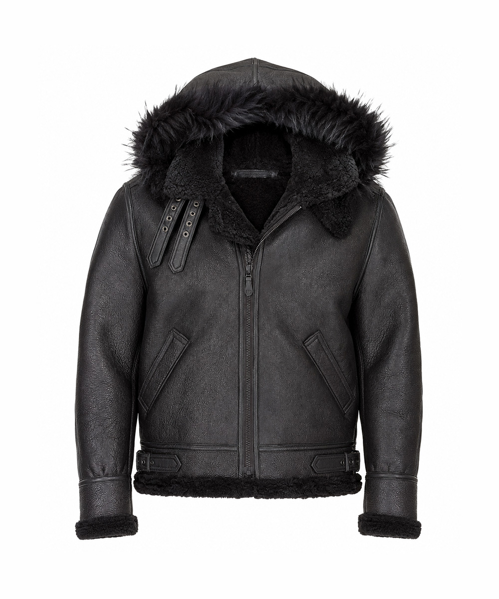 Black B3 hooded sheepskin bomber jacket front view with real shearling leather lining and premium winter design