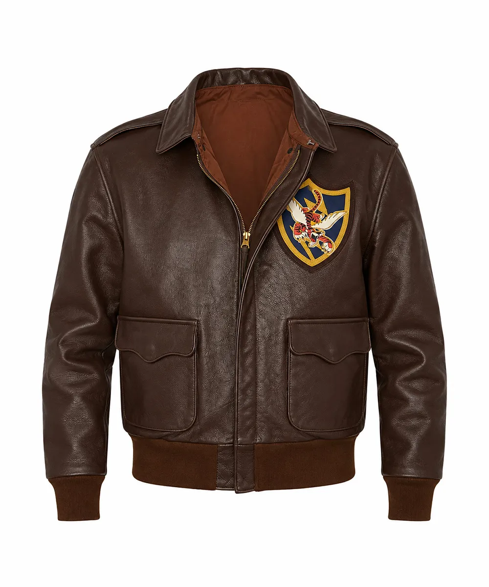 Flying Tigers leather bomber jacket for men in brown premium leather with vintage aviation style design