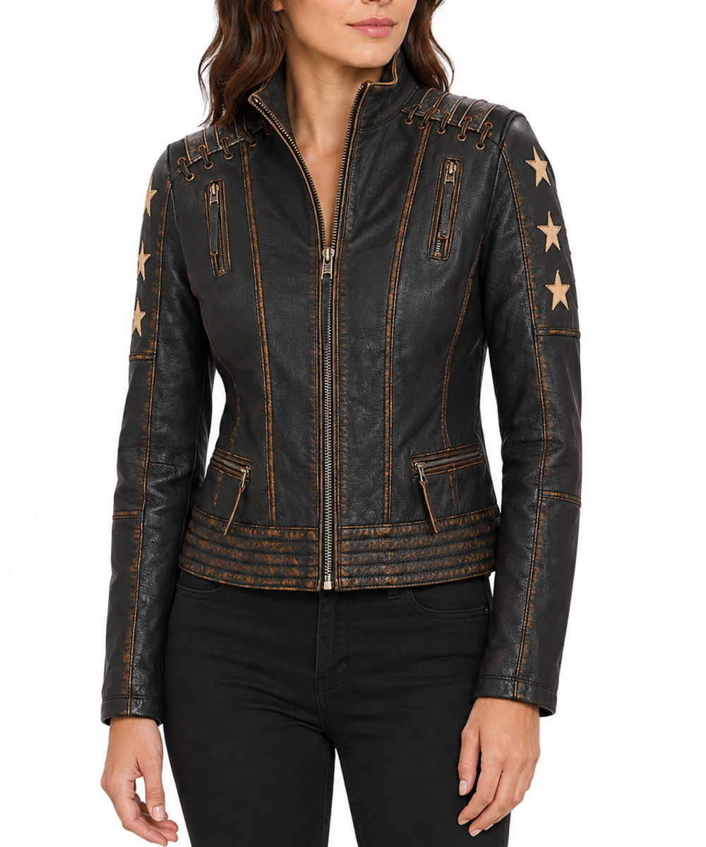 Women’s brown leather biker jacket with four front zipper pockets