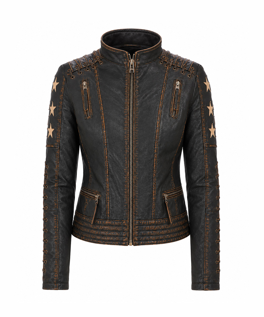 Women’s distressed brown stars and stripes leather jacket front view