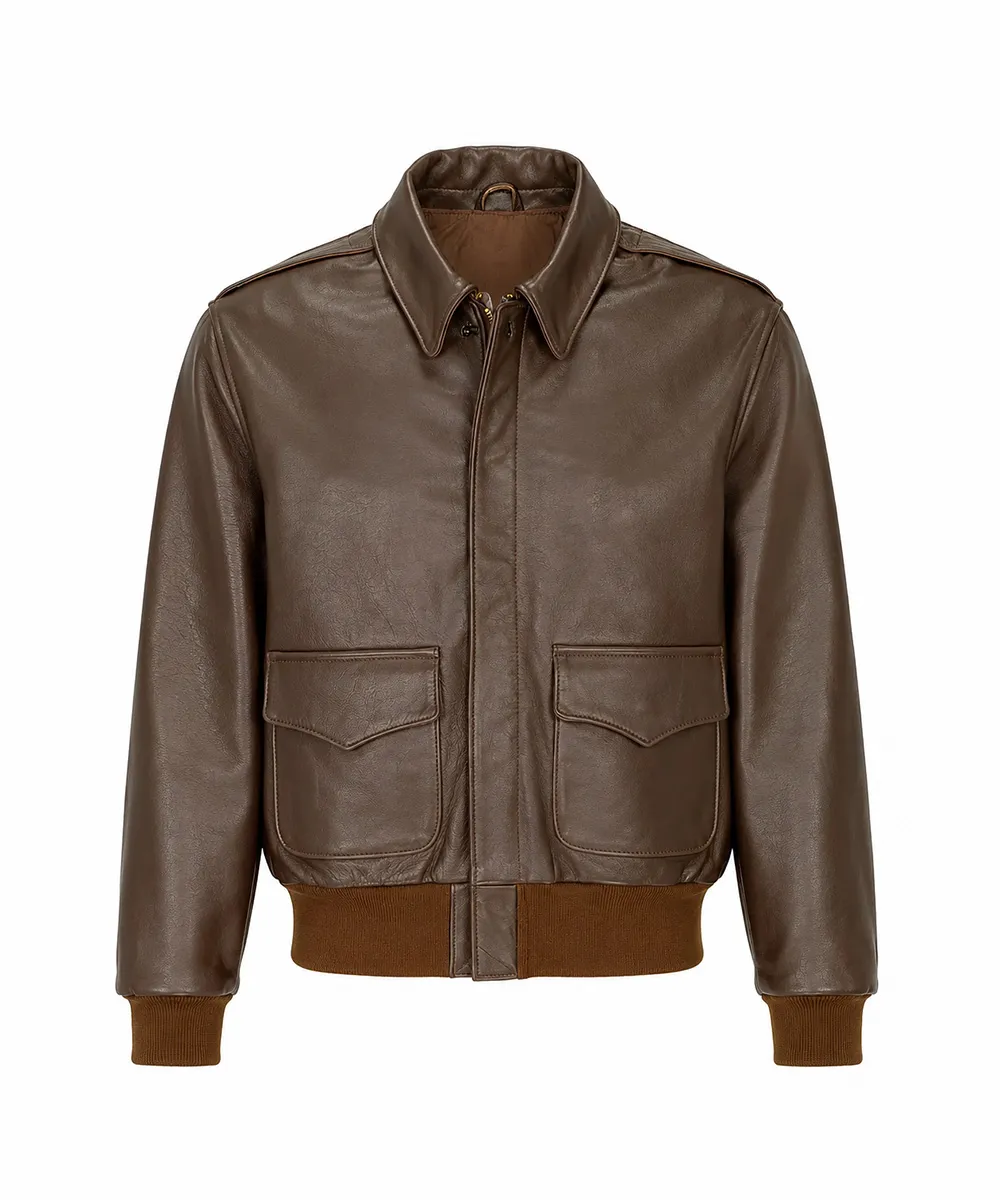 Brown WWII leather bomber jacket front view with classic A-2 flight jacket design and vintage military aviation style