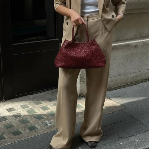 Santa Croce Big Red Woven Leather Bag handwoven calfskin in bold red with open top and twin shoulder handles, fully woven base.